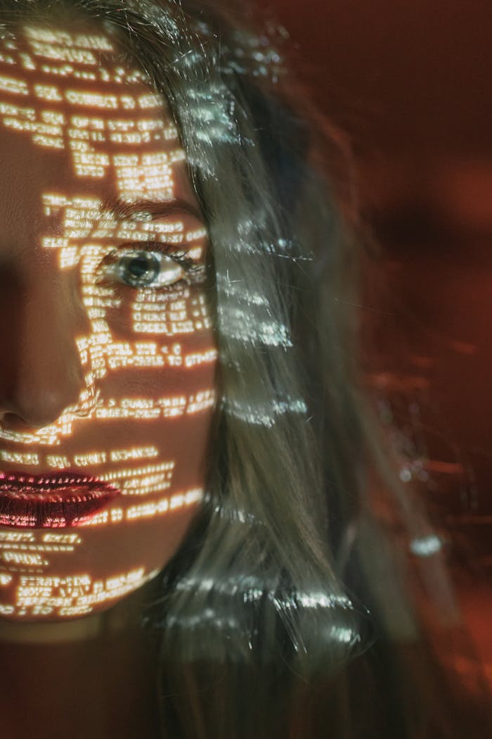 Abstract cyberpunk portrait with code projected on a woman's half face, symbolizing technology integration.